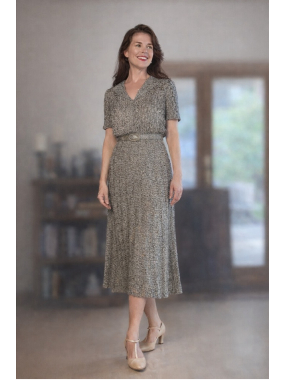 Authentic 1930s Rayon Ribbon Dress Art Deco Crochet Belted Metallic Shimmer